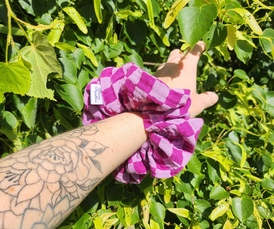 Chouchou carreaux en gaze de coton violet